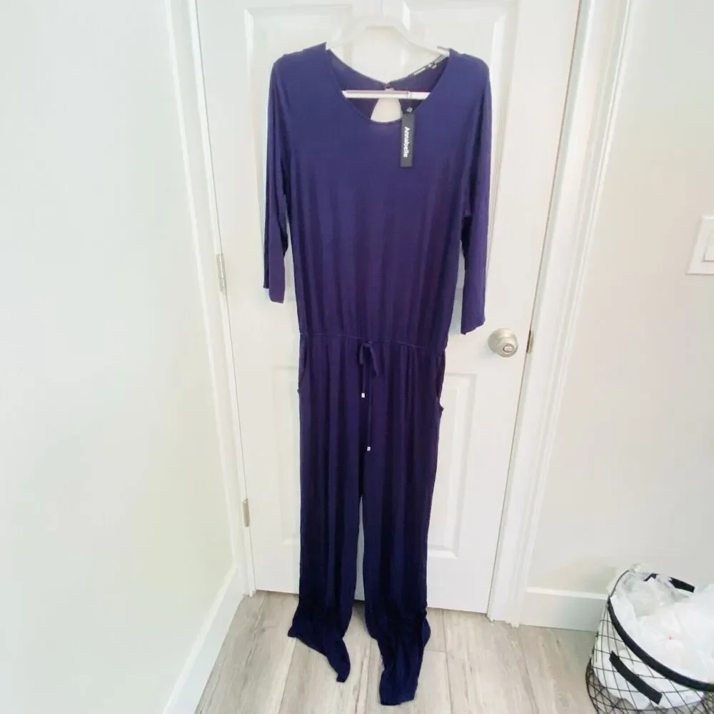 Annabelle 3/4 Sleeve Gathered Waist Navy Knit Jumpsuit with Keyhole Back Lge NWT